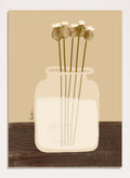 A minimalist art print depicting a clear glass jar filled with white flowers on a dark brown wooden surface against a warm beige background. Shop Rustic Poppy Still Life by Elsa Nätterdal, a botanical still life art print featuring dried poppy pods, a cream vase, and warm earthy tones.