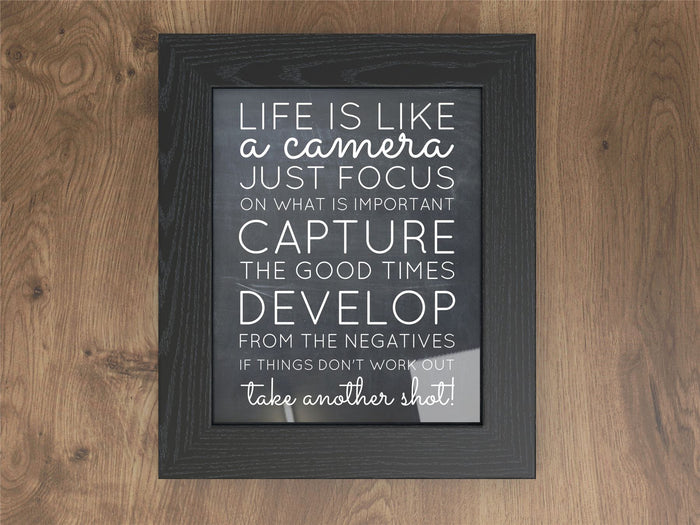 Black picture and poster frame with motivational quote about life and photography.