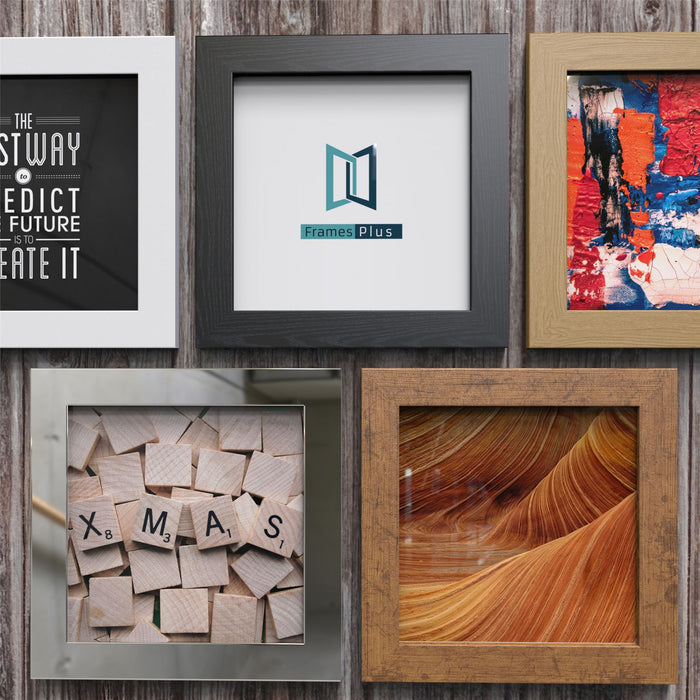 collage of different oak picture and poster frame designs showcasing various artwork and prints