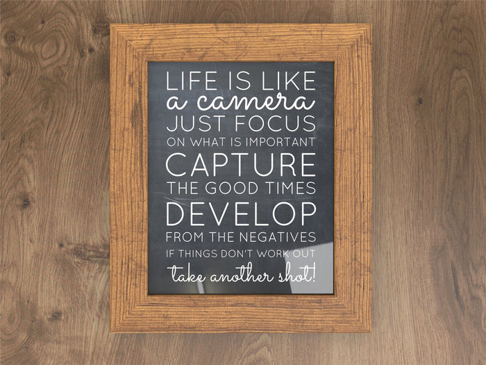 Rustic picture and poster frame with inspirational quote about life, focus, and capturing memories.