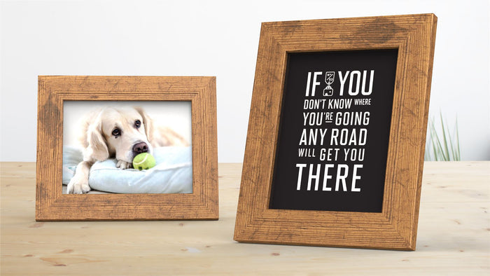 Rustic picture and poster frame displaying a photo of a Labrador retriever with a tennis ball and a motivational quote.