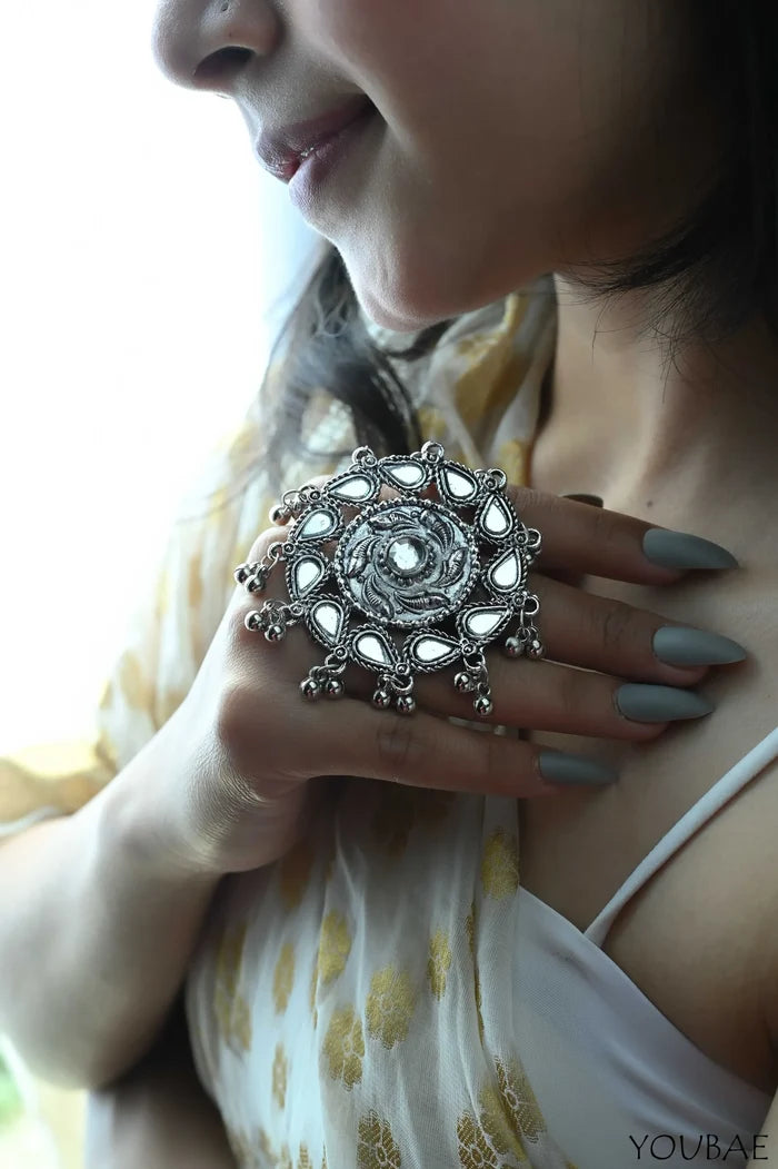 Fayru Oxidised Ayeena Free Size, Adjustable Ring