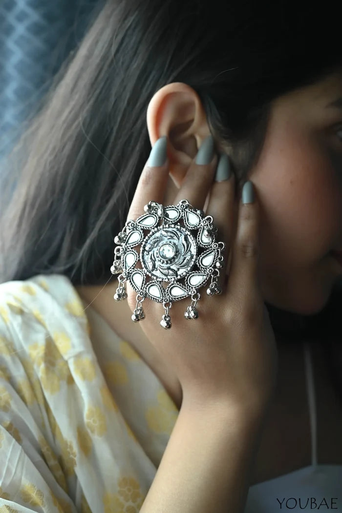 Fayru Oxidised Ayeena Free Size, Adjustable Ring