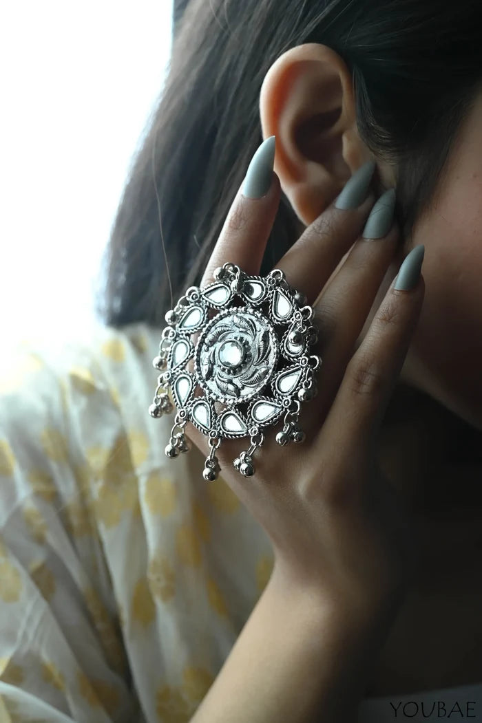 Fayru Oxidised Ayeena Free Size, Adjustable Ring