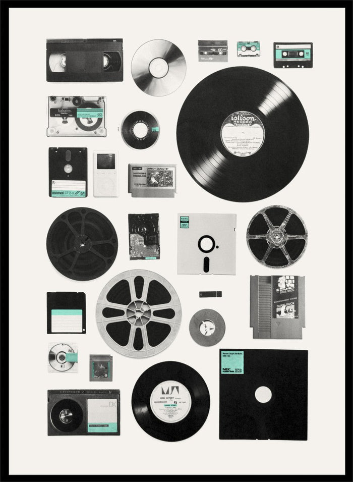 Collection of vintage audio and video equipment on a white background. Analog Digital Memories by Florent Bodart is a retro media art print featuring vinyl, cassette, and floppy disks, a modern wall poster exploring analog and digital design.