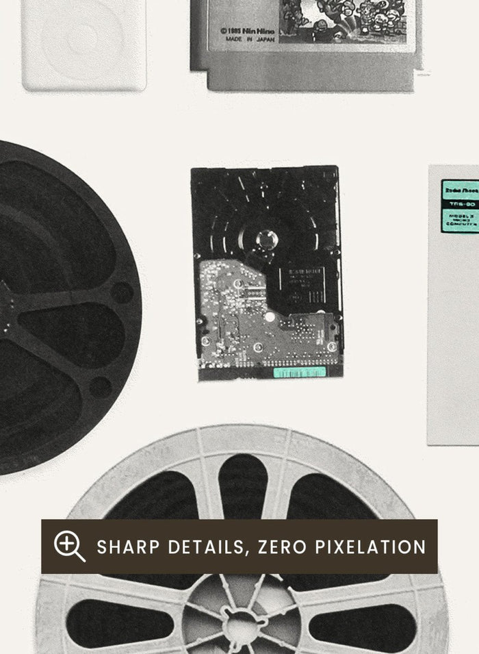 Collection of vintage audio and video equipment on a white background. Analog Digital Memories by Florent Bodart is a retro media art print featuring vinyl, cassette, and floppy disks, a modern wall poster exploring analog and digital design.