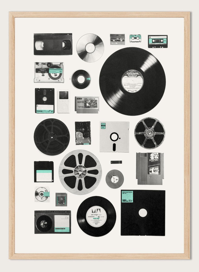 Collection of vintage audio and video equipment on a white background. Analog Digital Memories by Florent Bodart is a retro media art print featuring vinyl, cassette, and floppy disks, a modern wall poster exploring analog and digital design.