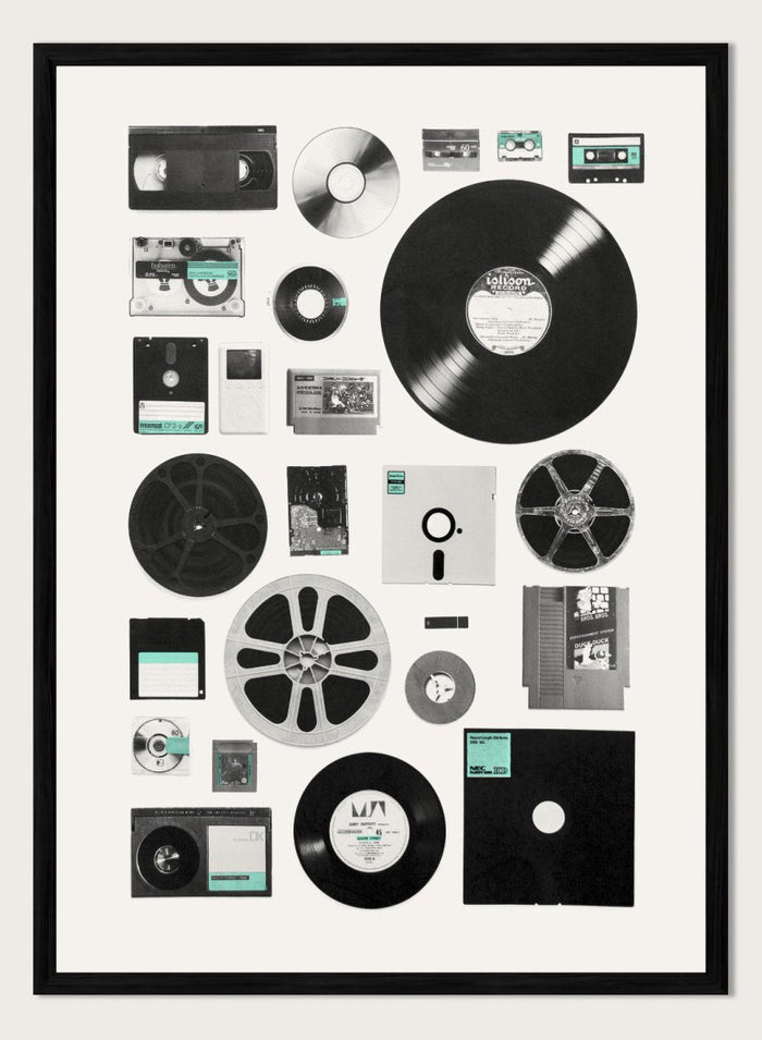 Collection of vintage audio and video equipment on a white background. Analog Digital Memories by Florent Bodart is a retro media art print featuring vinyl, cassette, and floppy disks, a modern wall poster exploring analog and digital design.
