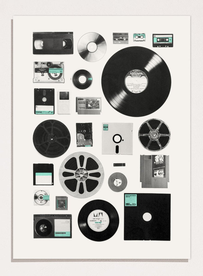 Collection of vintage audio and video equipment on a white background. Analog Digital Memories by Florent Bodart is a retro media art print featuring vinyl, cassette, and floppy disks, a modern wall poster exploring analog and digital design.
