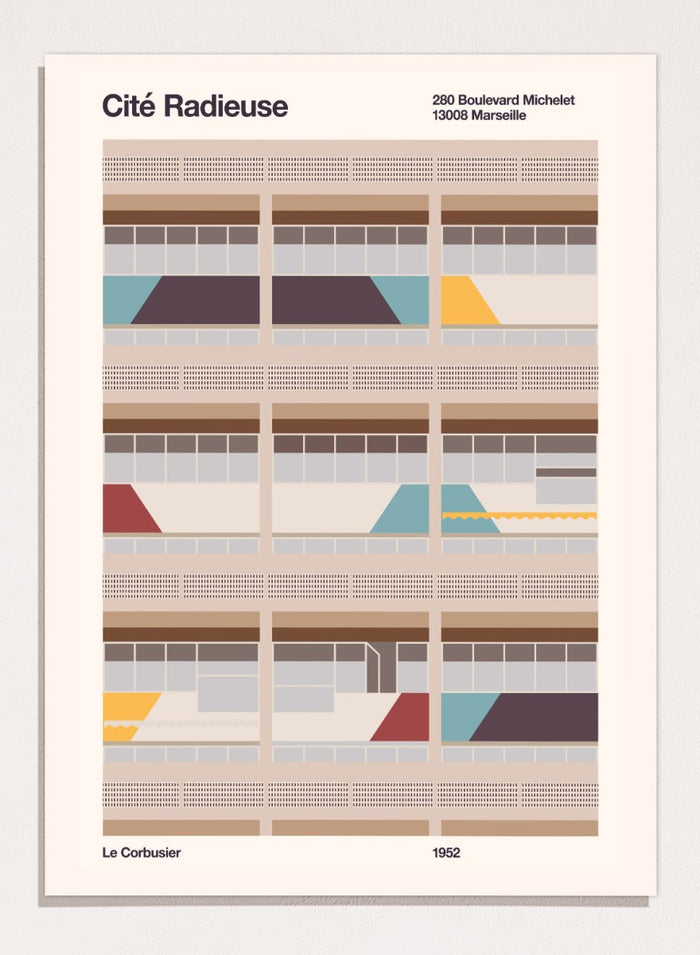 Illustration of a Bauhaus modernist building with geometric design, featuring text and Le Corbusier's name.Colorful Geometric Facade by Florent Bodart is a modern architectural art print with geometric building shapes and color blocks, a minimalist wall poster.