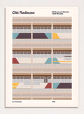 Illustration of a Bauhaus modernist building with geometric design, featuring text and Le Corbusier's name.Colorful Geometric Facade by Florent Bodart is a modern architectural art print with geometric building shapes and color blocks, a minimalist wall poster.