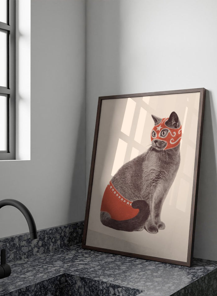 Cat wearing a red mask and underwear on a beige background. Funny Luchador Cat by Florent Bodart is a playful cat art print with bold red mask, a modern wall poster with humorous and surreal animal design.