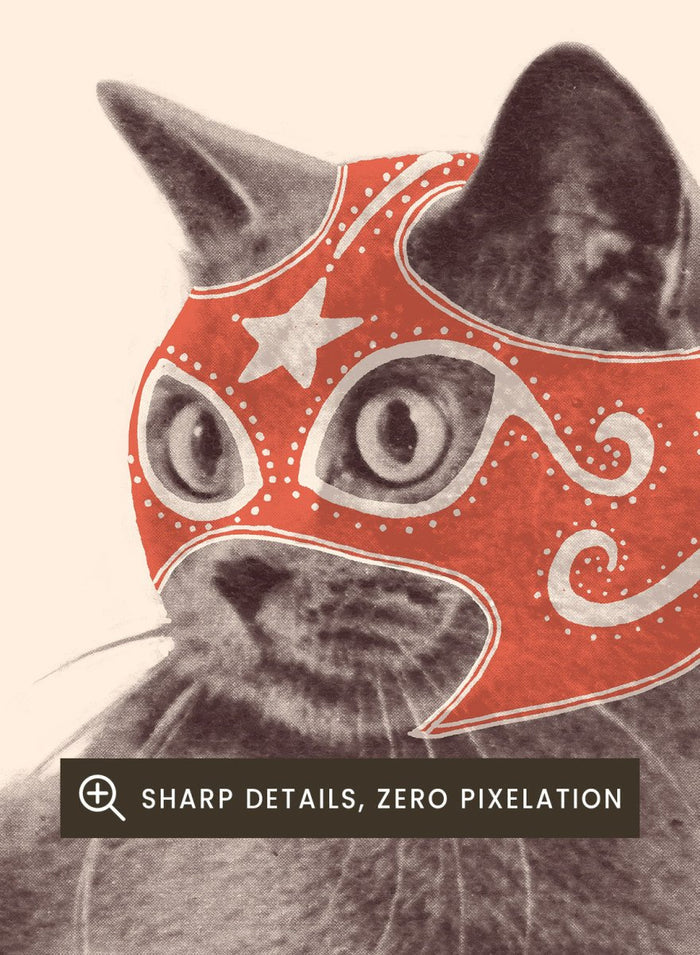 Cat wearing a red mask and underwear on a beige background. Funny Luchador Cat by Florent Bodart is a playful cat art print with bold red mask, a modern wall poster with humorous and surreal animal design.