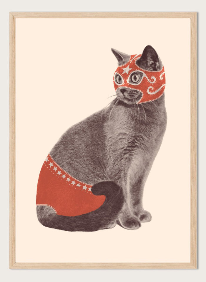 Cat wearing a red mask and underwear on a beige background. Funny Luchador Cat by Florent Bodart is a playful cat art print with bold red mask, a modern wall poster with humorous and surreal animal design.
