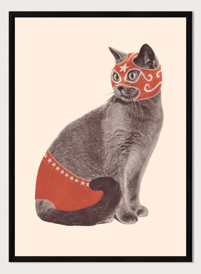 Cat wearing a red mask and underwear on a beige background. Funny Luchador Cat by Florent Bodart is a playful cat art print with bold red mask, a modern wall poster with humorous and surreal animal design.