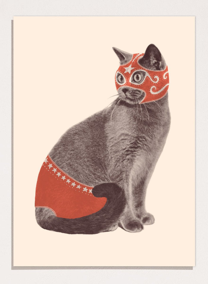 Cat wearing a red mask and underwear on a beige background. Funny Luchador Cat by Florent Bodart is a playful cat art print with bold red mask, a modern wall poster with humorous and surreal animal design.