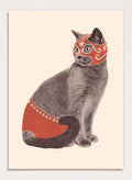 Cat wearing a red mask and underwear on a beige background. Funny Luchador Cat by Florent Bodart is a playful cat art print with bold red mask, a modern wall poster with humorous and surreal animal design.