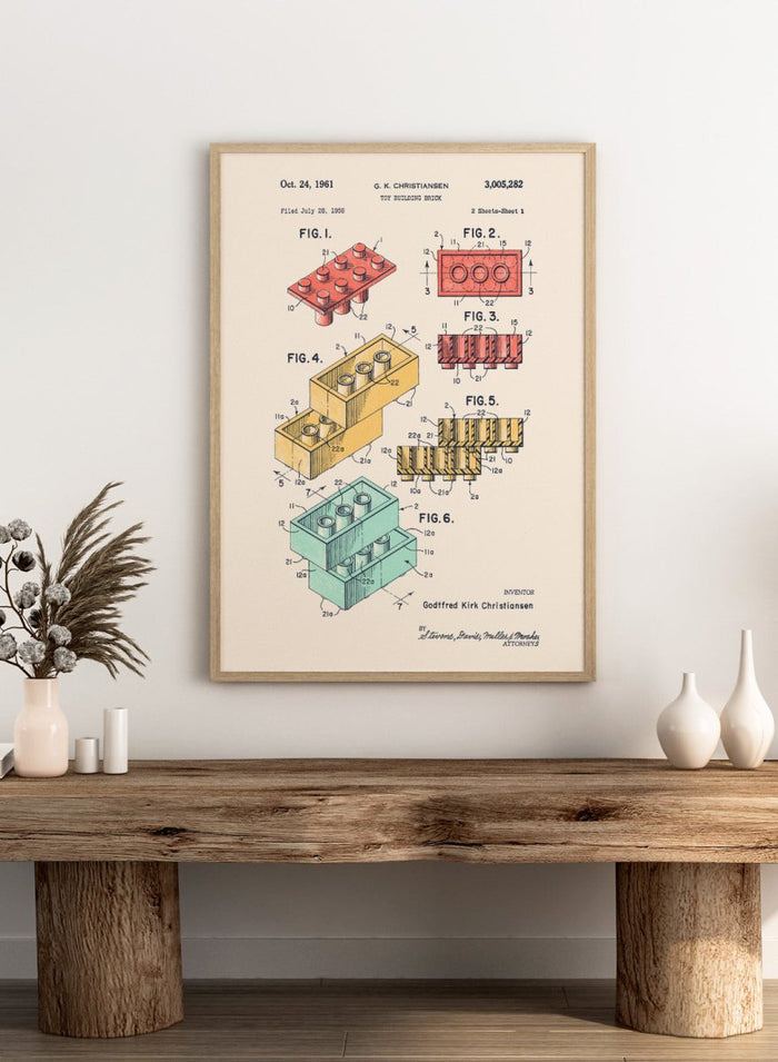 Toy building brick patent illustration with labeled figures on a white background. Historic Building Brick Patent by Florent Bodart is a vintage patent art print featuring toy brick diagrams, a technical drawing wall poster with retro industrial style.