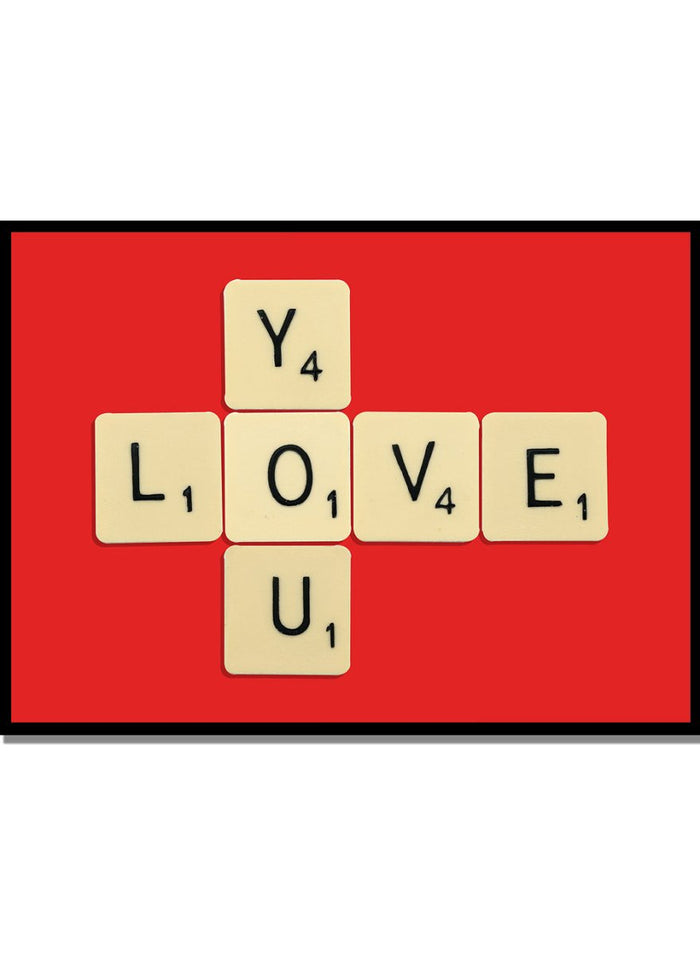 Scrabble tiles spelling LOVE YOU on a red background. Love You by Florent Bodart is a playful crossword-style art print featuring letter tiles spelling LOVE YOU on a red background. Retro typography wall poster with optional framing.