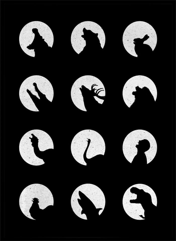 White silhouette of a dog howling at the moon pattern on a black background. Moonlit Wild Silhouettes by Florent Bodart is a minimalist animal silhouette art print with moon phases, a modern black wall poster with bold graphic design.
