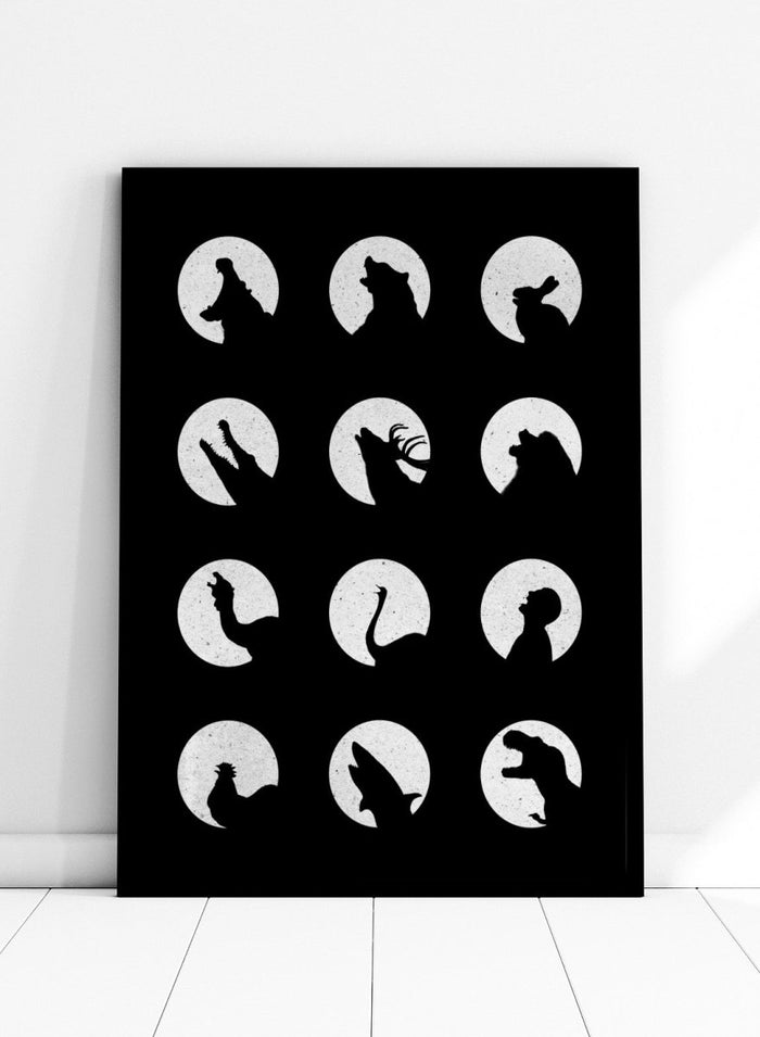 White silhouette of a dog howling at the moon pattern on a black background. Moonlit Wild Silhouettes by Florent Bodart is a minimalist animal silhouette art print with moon phases, a modern black wall poster with bold graphic design.