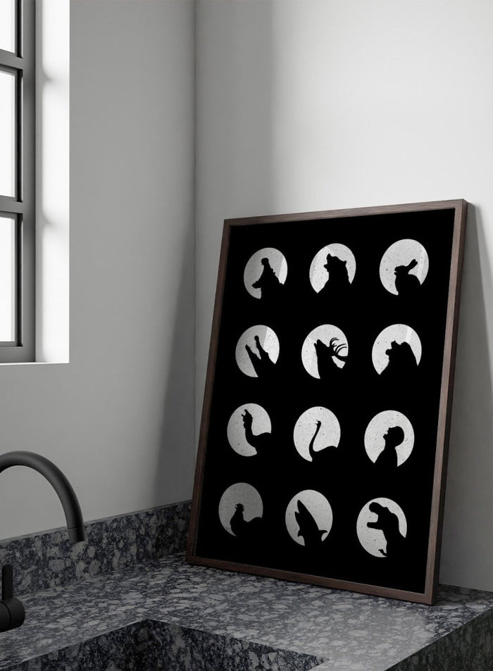 White silhouette of a dog howling at the moon pattern on a black background. Moonlit Wild Silhouettes by Florent Bodart is a minimalist animal silhouette art print with moon phases, a modern black wall poster with bold graphic design.