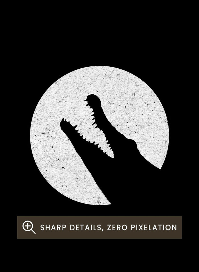 White silhouette of a dog howling at the moon pattern on a black background. Moonlit Wild Silhouettes by Florent Bodart is a minimalist animal silhouette art print with moon phases, a modern black wall poster with bold graphic design.