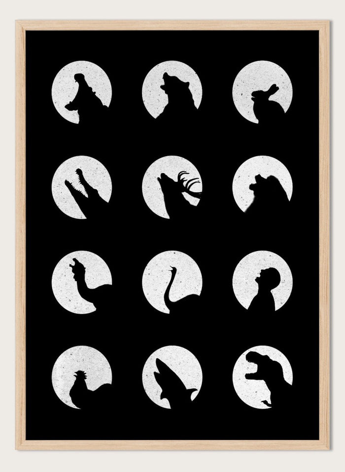 White silhouette of a dog howling at the moon pattern on a black background. Moonlit Wild Silhouettes by Florent Bodart is a minimalist animal silhouette art print with moon phases, a modern black wall poster with bold graphic design.