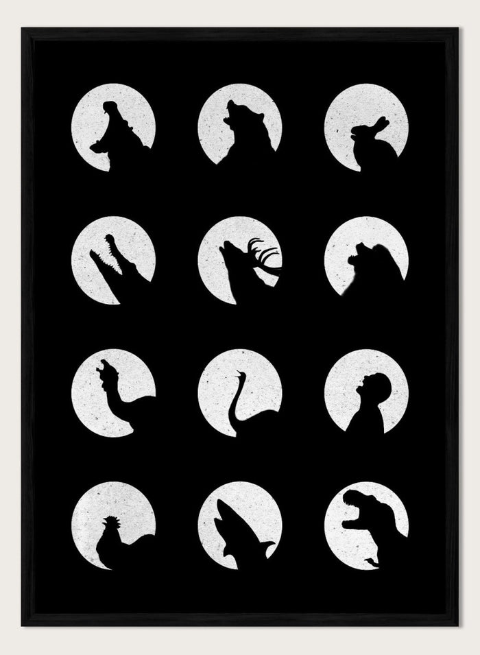 White silhouette of a dog howling at the moon pattern on a black background. Moonlit Wild Silhouettes by Florent Bodart is a minimalist animal silhouette art print with moon phases, a modern black wall poster with bold graphic design.
