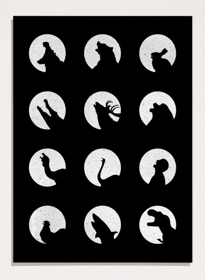 White silhouette of a dog howling at the moon pattern on a black background. Moonlit Wild Silhouettes by Florent Bodart is a minimalist animal silhouette art print with moon phases, a modern black wall poster with bold graphic design.