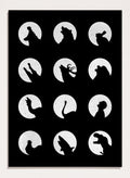 White silhouette of a dog howling at the moon pattern on a black background. Moonlit Wild Silhouettes by Florent Bodart is a minimalist animal silhouette art print with moon phases, a modern black wall poster with bold graphic design.