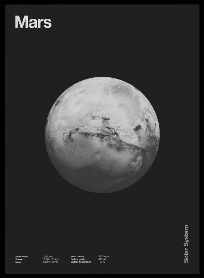 Black and white image of Mars with 'Mars' text at the top on a black background. Planet Mars by Florent Bodart is a minimalist space art print with detailed surface texture, a modern black wall poster inspired by astronomy and science design.