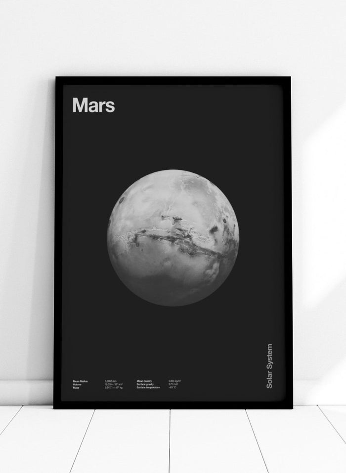 Black and white image of Mars with 'Mars' text at the top on a black background. Planet Mars by Florent Bodart is a minimalist space art print with detailed surface texture, a modern black wall poster inspired by astronomy and science design.