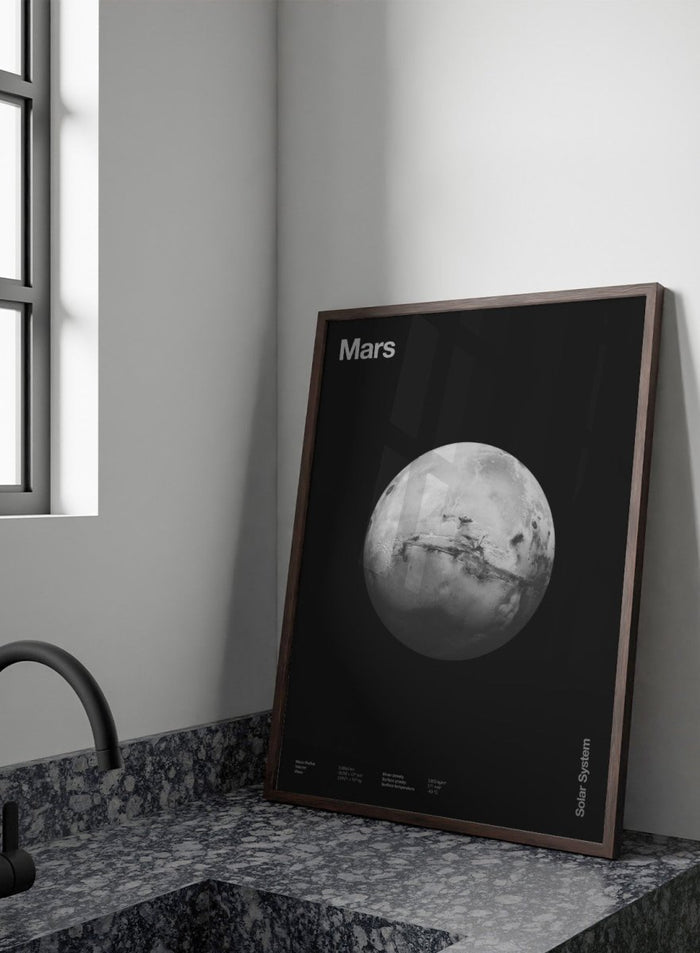 Black and white image of Mars with 'Mars' text at the top on a black background. Planet Mars by Florent Bodart is a minimalist space art print with detailed surface texture, a modern black wall poster inspired by astronomy and science design.