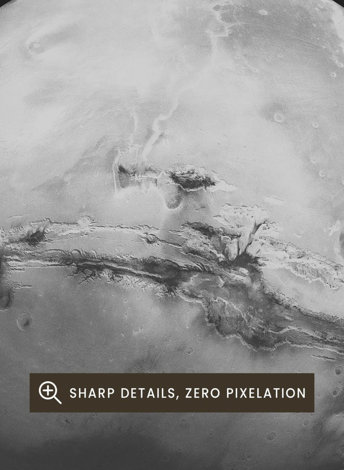 Black and white image of Mars with 'Mars' text at the top on a black background. Planet Mars by Florent Bodart is a minimalist space art print with detailed surface texture, a modern black wall poster inspired by astronomy and science design.