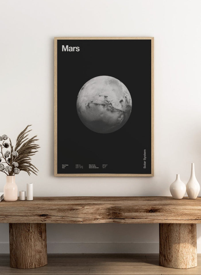 Black and white image of Mars with 'Mars' text at the top on a black background. Planet Mars by Florent Bodart is a minimalist space art print with detailed surface texture, a modern black wall poster inspired by astronomy and science design.