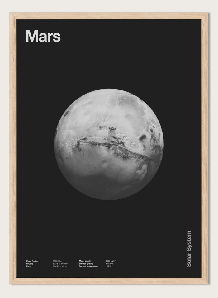 Black and white image of Mars with 'Mars' text at the top on a black background. Planet Mars by Florent Bodart is a minimalist space art print with detailed surface texture, a modern black wall poster inspired by astronomy and science design.