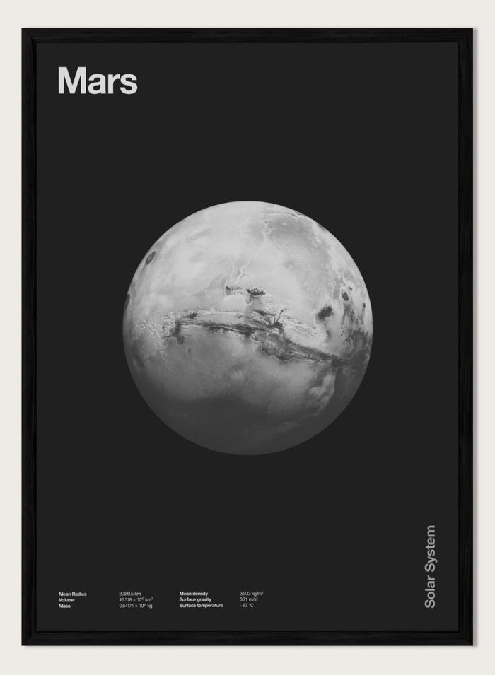 Black and white image of Mars with 'Mars' text at the top on a black background. Planet Mars by Florent Bodart is a minimalist space art print with detailed surface texture, a modern black wall poster inspired by astronomy and science design.