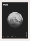 Black and white image of Mars with 'Mars' text at the top on a black background. Planet Mars by Florent Bodart is a minimalist space art print with detailed surface texture, a modern black wall poster inspired by astronomy and science design.