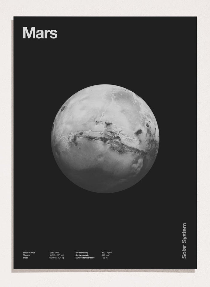 Black and white image of Mars with 'Mars' text at the top on a black background. Planet Mars by Florent Bodart is a minimalist space art print with detailed surface texture, a modern black wall poster inspired by astronomy and science design.