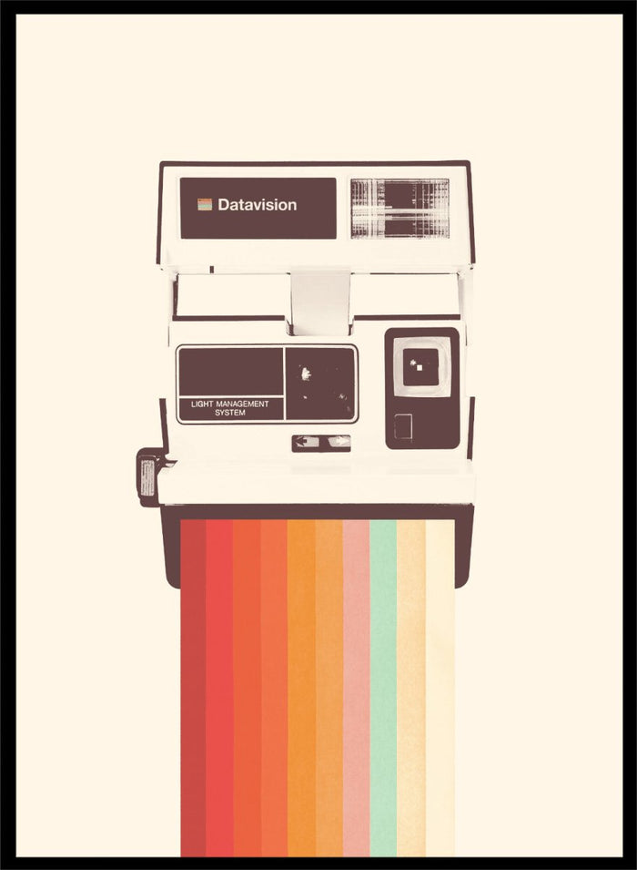 Retro Instant Rainbow by Florent Bodart is a vintage camera art print with bold rainbow color, a modern retro wall poster inspired by instant photography design.