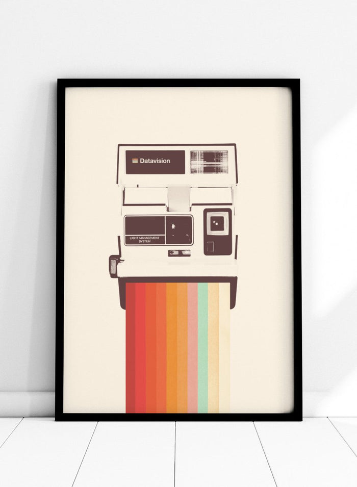 Retro Instant Rainbow by Florent Bodart is a vintage camera art print with bold rainbow color, a modern retro wall poster inspired by instant photography design.