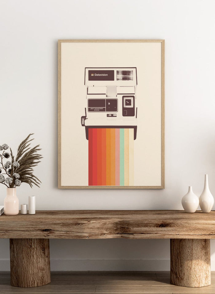 Retro Instant Rainbow by Florent Bodart is a vintage camera art print with bold rainbow color, a modern retro wall poster inspired by instant photography design.