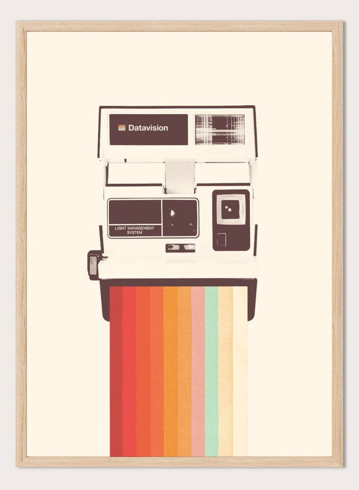 Retro Instant Rainbow by Florent Bodart is a vintage camera art print with bold rainbow color, a modern retro wall poster inspired by instant photography design.