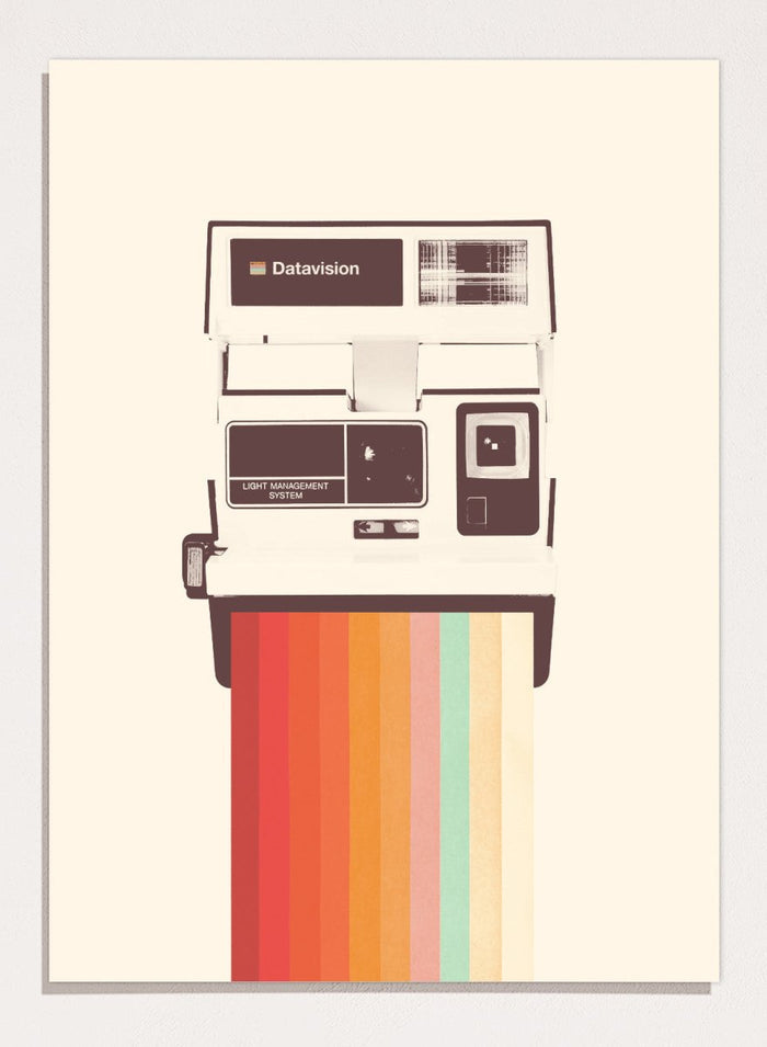 Retro Instant Rainbow by Florent Bodart is a vintage camera art print with bold rainbow color, a modern retro wall poster inspired by instant photography design.