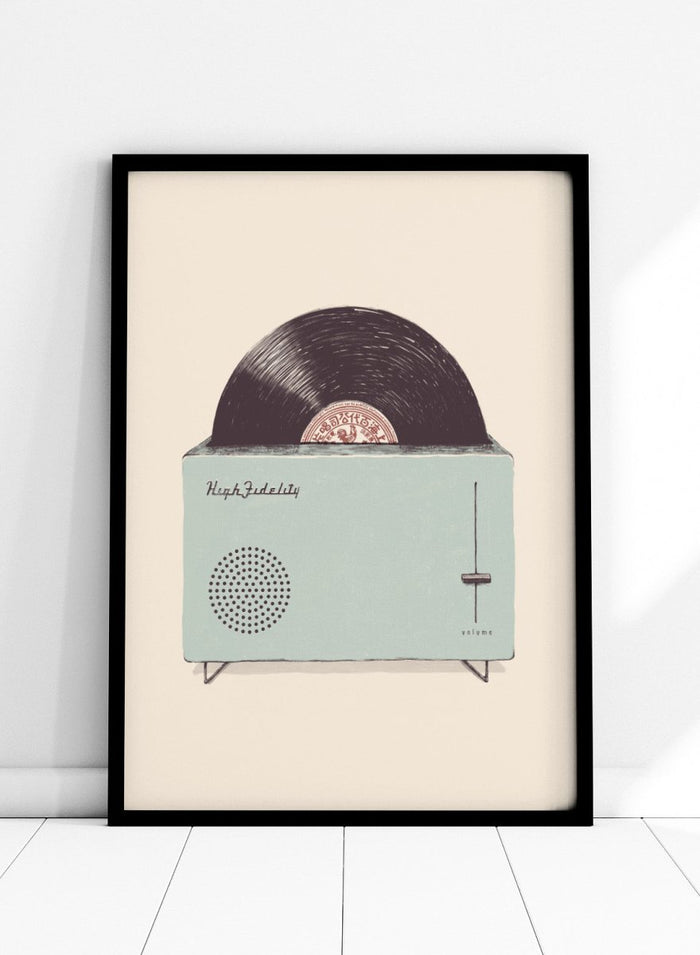 Vintage-style record player with vinyl record on a beige background. Retro Record Toaster by Florent Bodart is a playful vintage-inspired art print featuring a record player toaster, a modern retro wall poster with music theme.