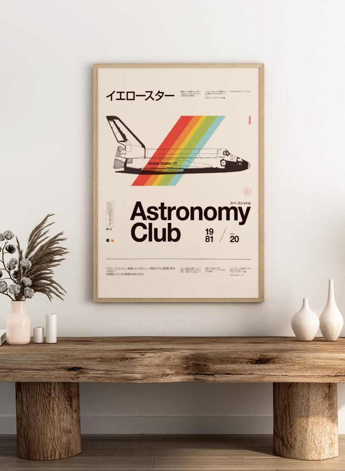 Poster of a space shuttle with a rainbow trail and 'Astronomy Club' text on a beige background. Retro Space Shuttle Rainbow by Florent Bodart is a vintage space art print with bold color stripes, a modern retro wall poster inspired by space and graphic design.