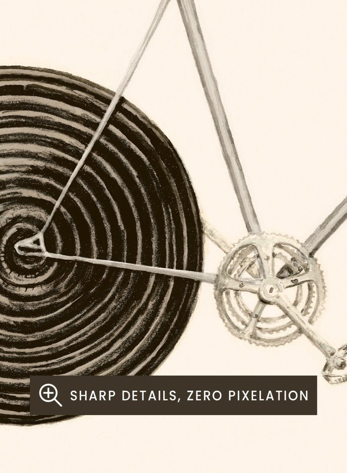 Framed artwork of a bicycle with spiral wheels on a beige background. Sweet Licorice Bicycle by Florent Bodart is a surreal bicycle art print with playful design and vintage style, a modern wall poster with creative and unique concept.