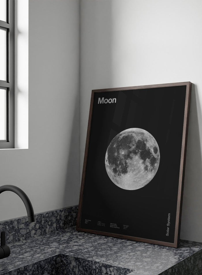 Poster of the moon with 'Moon' text at the top and 'Solar System' text at the bottom. The Full Moon by Florent Bodart is a minimalist space art print with detailed lunar surface, a modern black wall poster inspired by astronomy and science design.