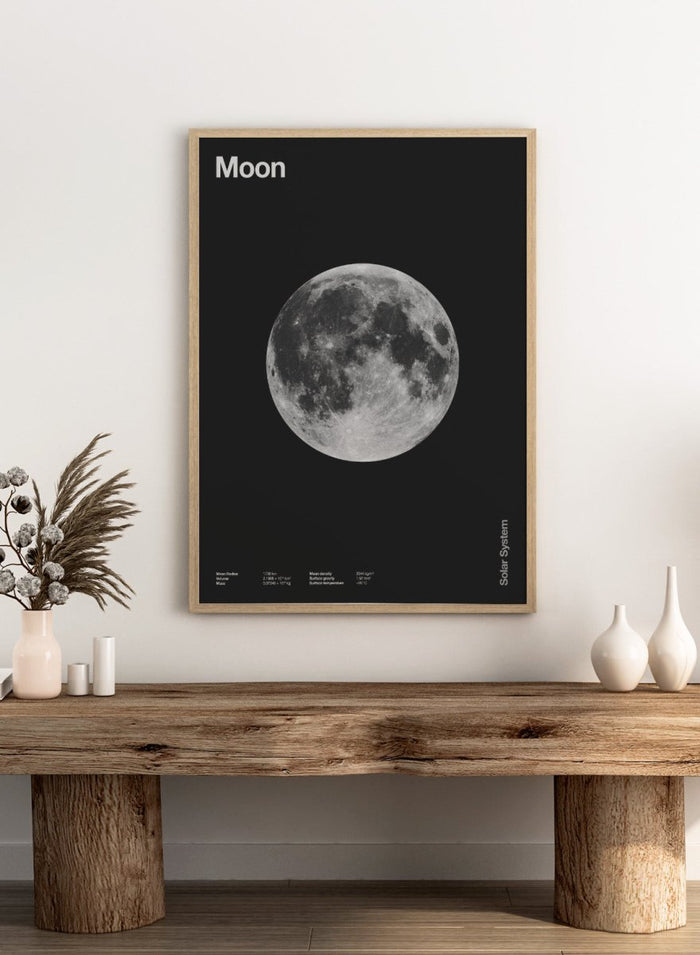 Poster of the moon with 'Moon' text at the top and 'Solar System' text at the bottom. The Full Moon by Florent Bodart is a minimalist space art print with detailed lunar surface, a modern black wall poster inspired by astronomy and science design.